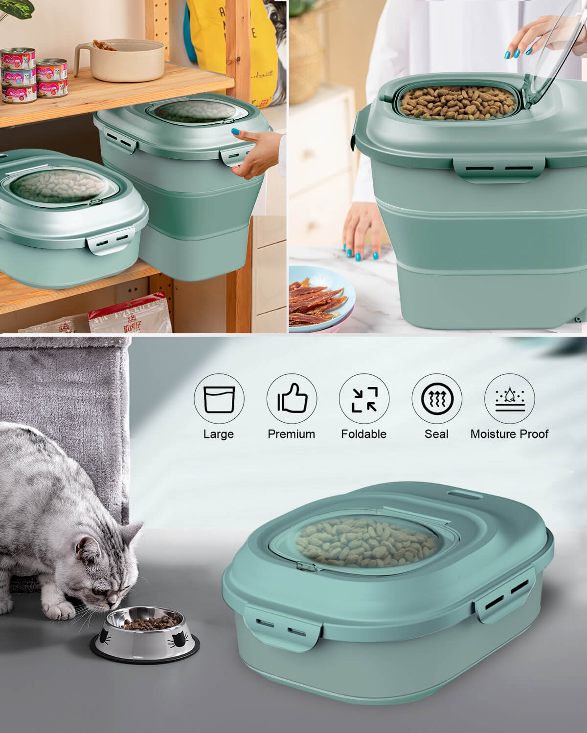 Contenedor Hermético Para Comida De Perro/Gato 12-15 Kg | Con Ruedas, Tapa Flip Y Cuchara Medidora | Plegable, Fácil De Almacenar | Plástico Sin BPA